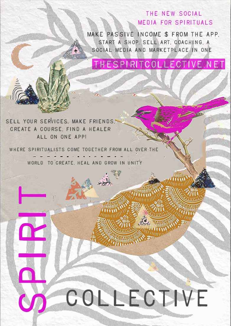 Collage Abstract Spirit Collective App Flyer with birds and crystals